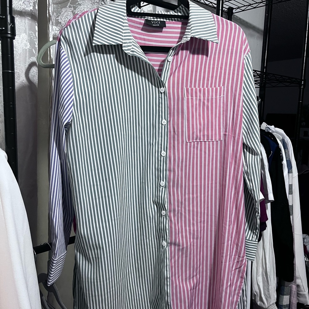 Vici Pink and Green Casual Button Down Shirt